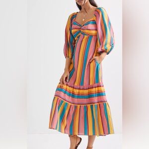 Farm Rio Anthropologie Women's Rainbow Striped Tropical Midi Dress Size L Beach